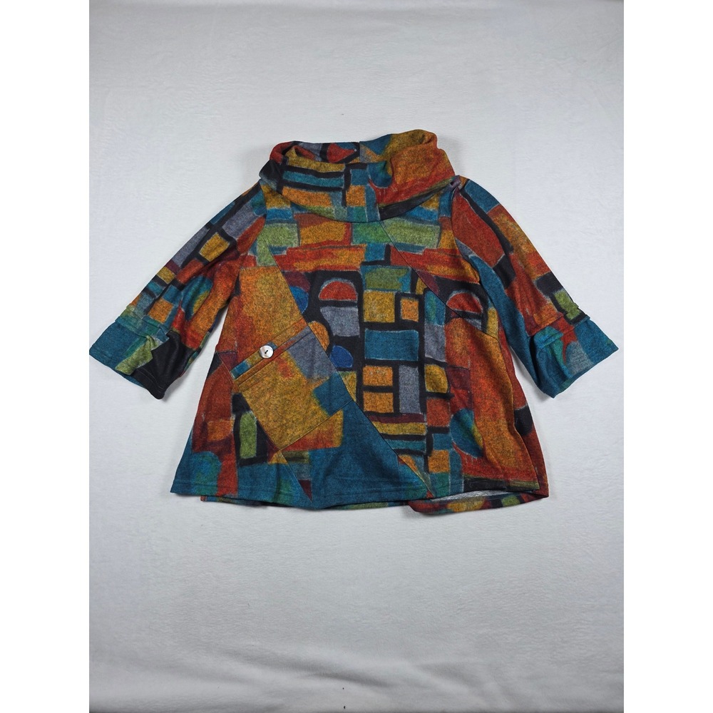 Ali Miles Abstract Cowl Neck Top Geometric Tunic 3/4 Sleeve M Artsy Lagenlook